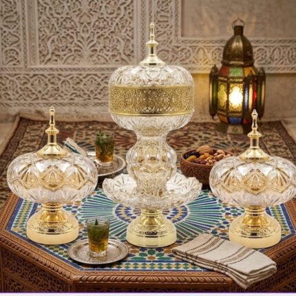 Ensemble de Service Royal en Cristal et Finition Or – Coffret de 3 Pièces pour Dattes, Gâteaux et Fruits Secs