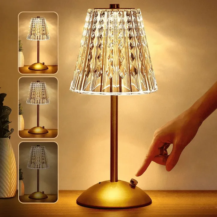 Lampe de table LED tactile sans fil, éclairage réglable 3 couleurs, design cristal et métal doré, portable pour intérieur